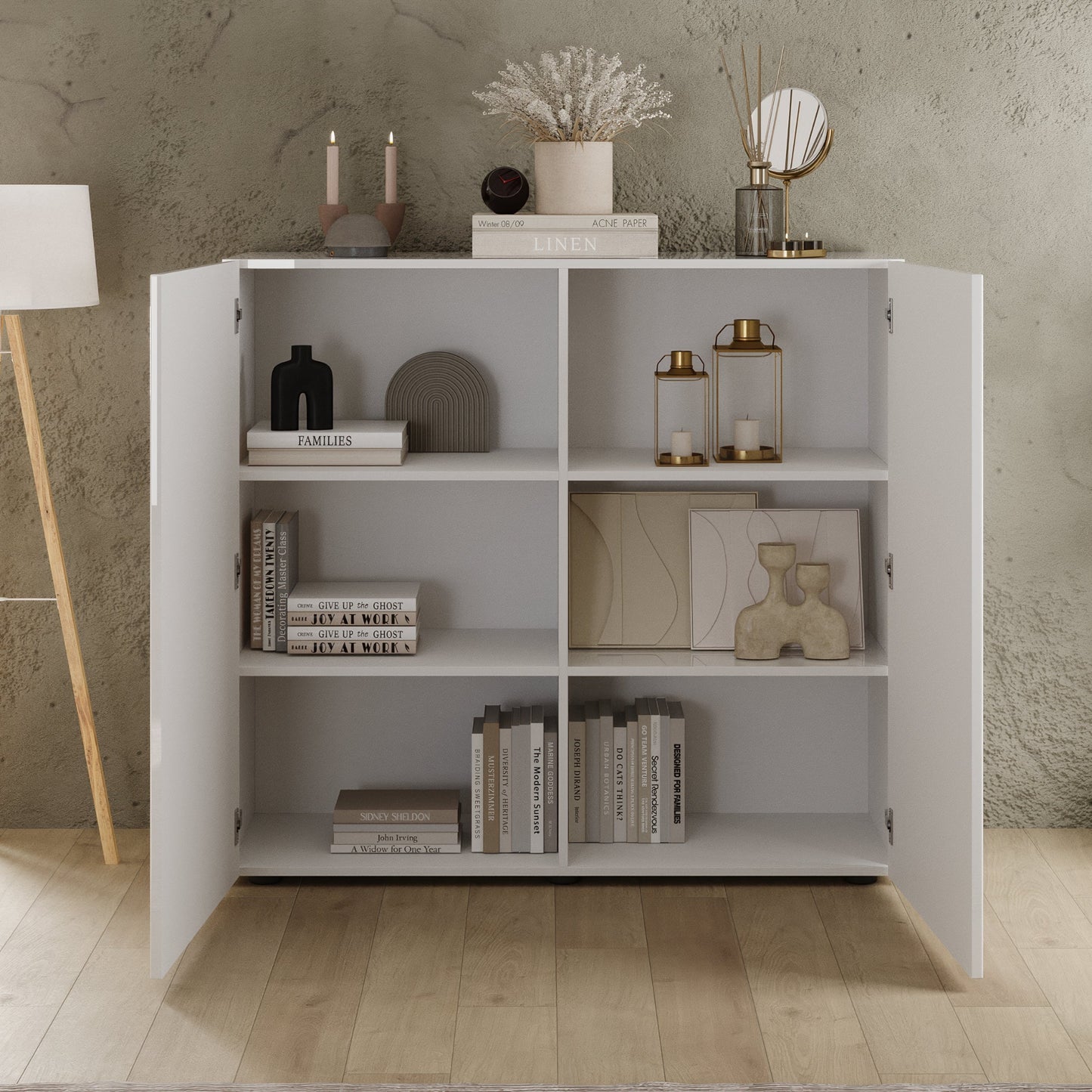 Raveena High Sideboard, Two Door - Gloss White Finish