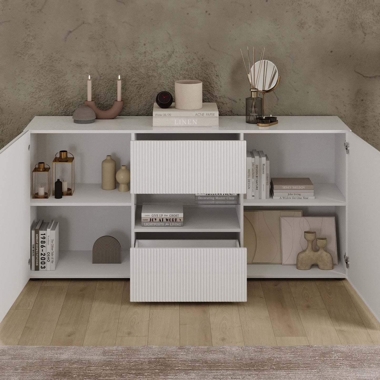 Raveena Sideboard, Two Door, Two Drawer - Gloss White Finish