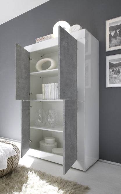 Urbino High Sideboard, Four Doors - Gloss White and Grey Finish