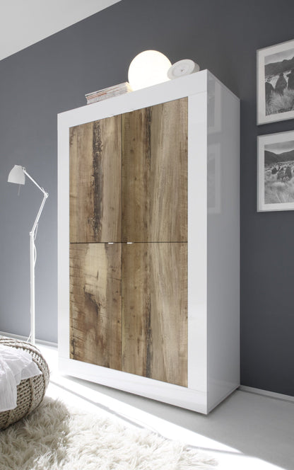 Urbino High Sideboard, Four Doors - Gloss White and Natural Finish