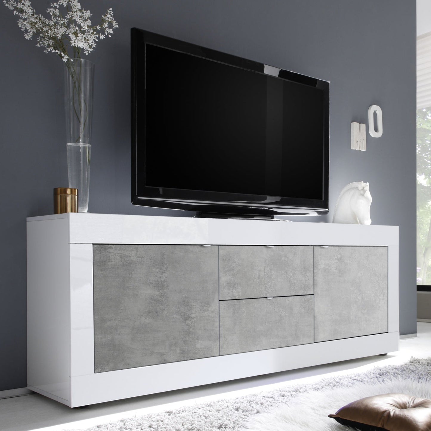 Urbino Low Sideboard, Two Doors, Two Drawers - White Gloss and Grey Finish