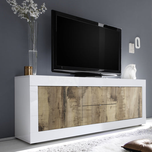 Urbino Low Sideboard, Two Doors, Two Drawers - White Gloss and Natural Finish