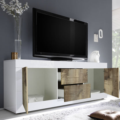 Urbino Low Sideboard, Two Doors, Two Drawers - White Gloss and Natural Finish