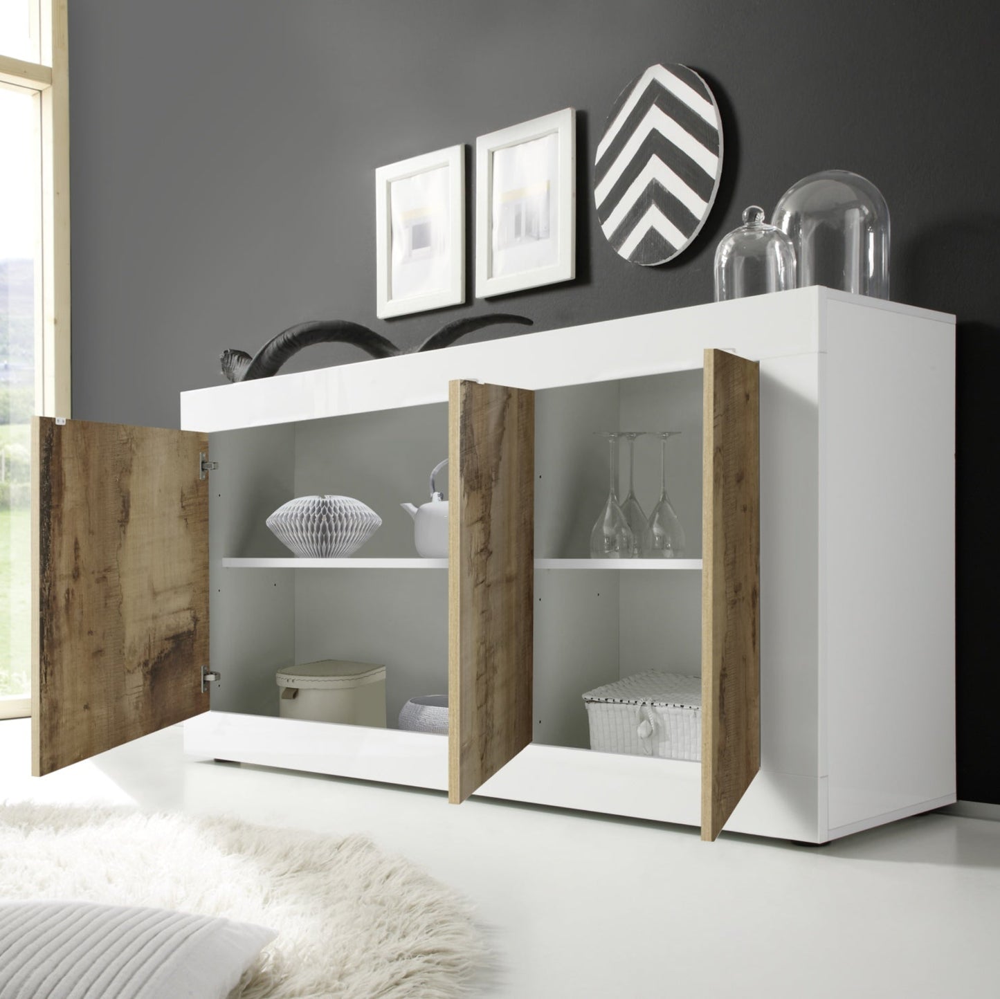 Urbino Three Door Sideboard - Gloss White and Natural Finish