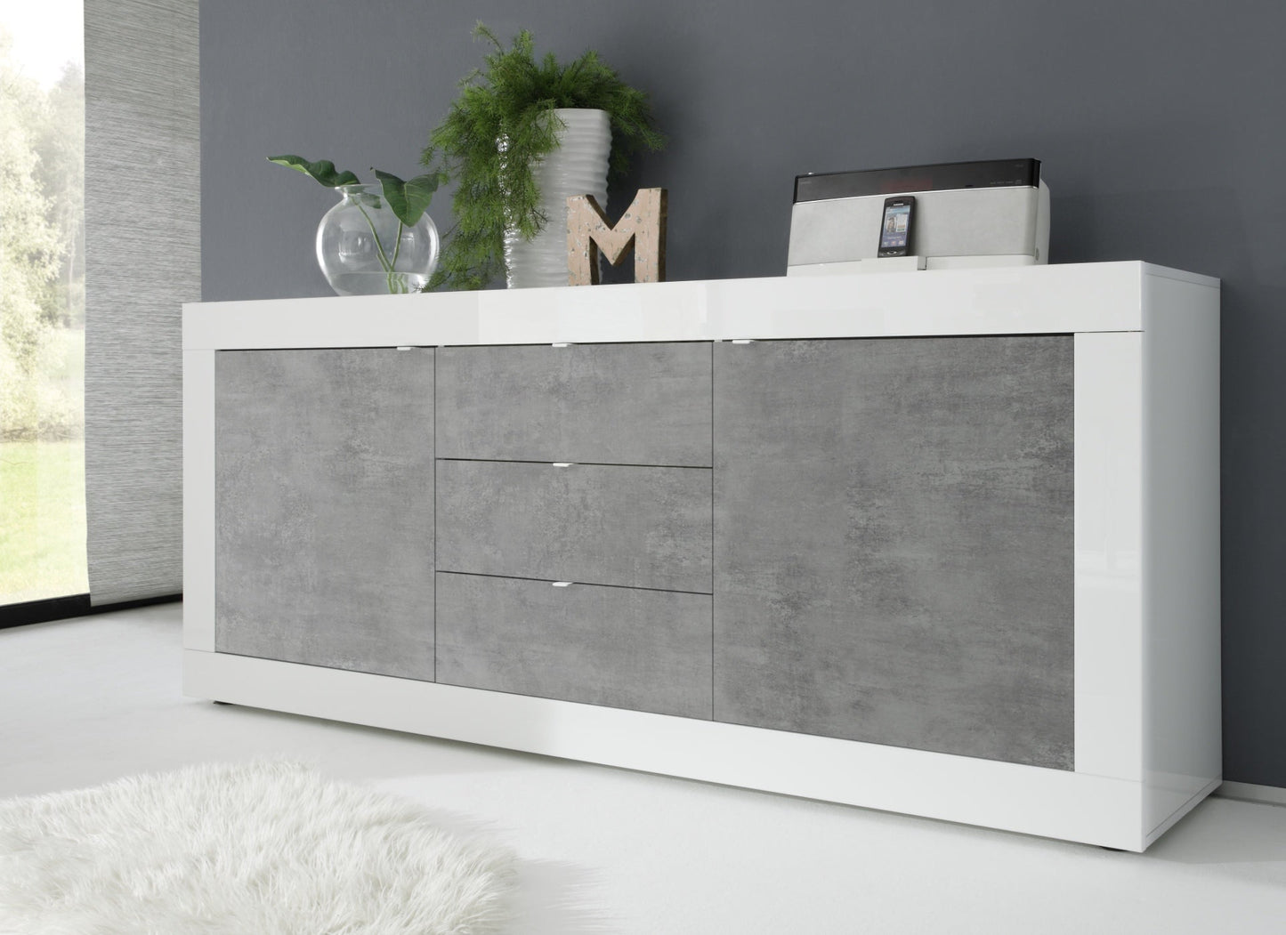 Urbino Two Door, Three Drawer Sideboard - White Gloss and Grey Finish