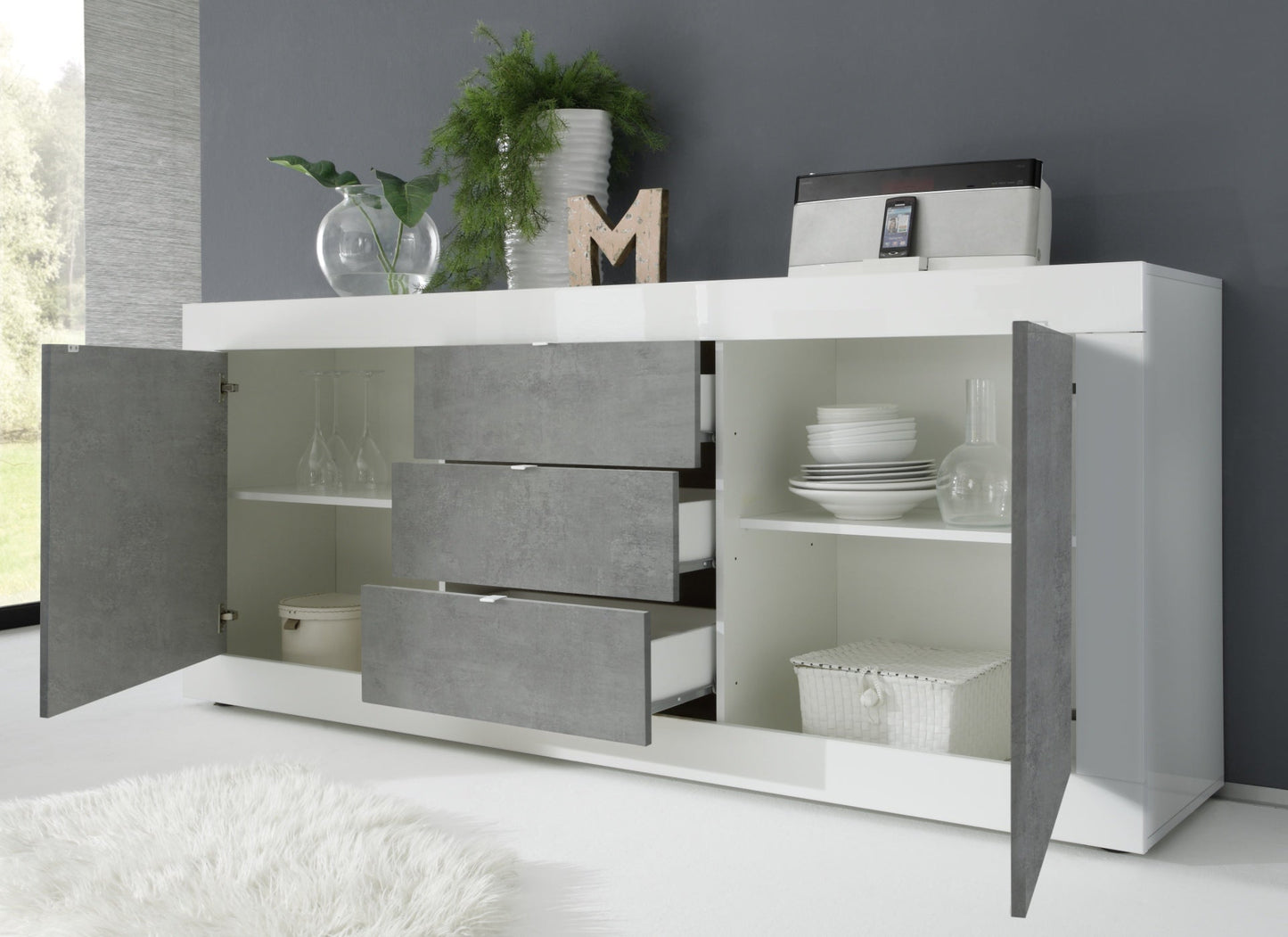 Urbino Two Door, Three Drawer Sideboard - White Gloss and Grey Finish