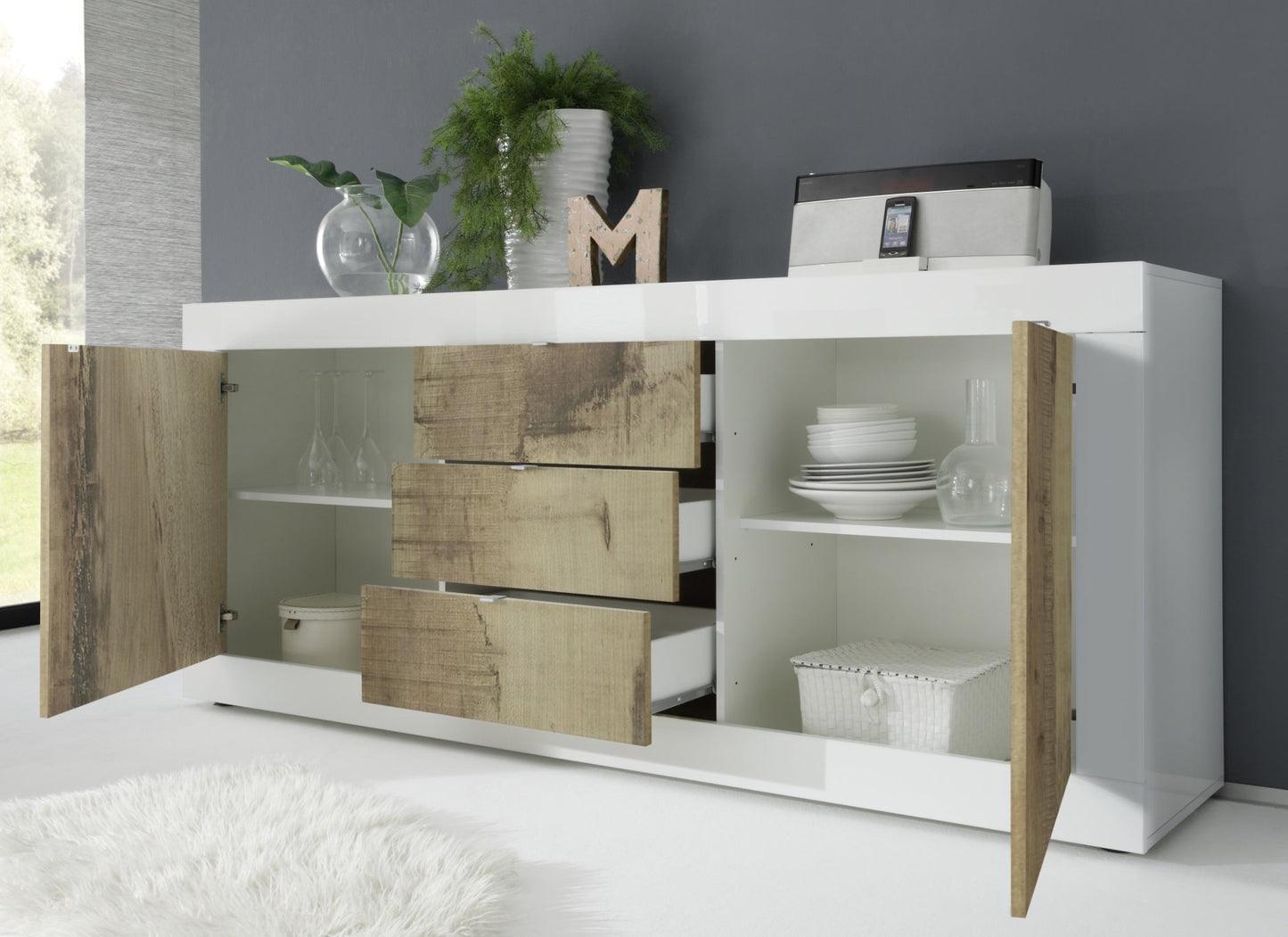 Urbino Two Door, Three Drawer Sideboard - White Gloss and Natural Finish