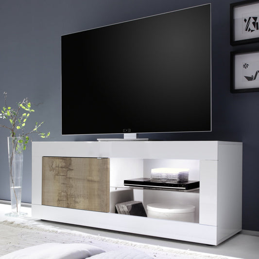 Modern white TV stand with a television mounted on a dark gray wall.