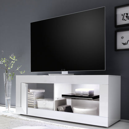 Modern white TV stand with a television mounted on a dark gray wall.