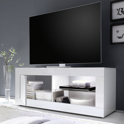 Modern white TV stand with a television mounted on a dark gray wall.