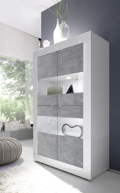 Urbino Display Cabinet, Four Glass Doors - Gloss White and Grey Finish