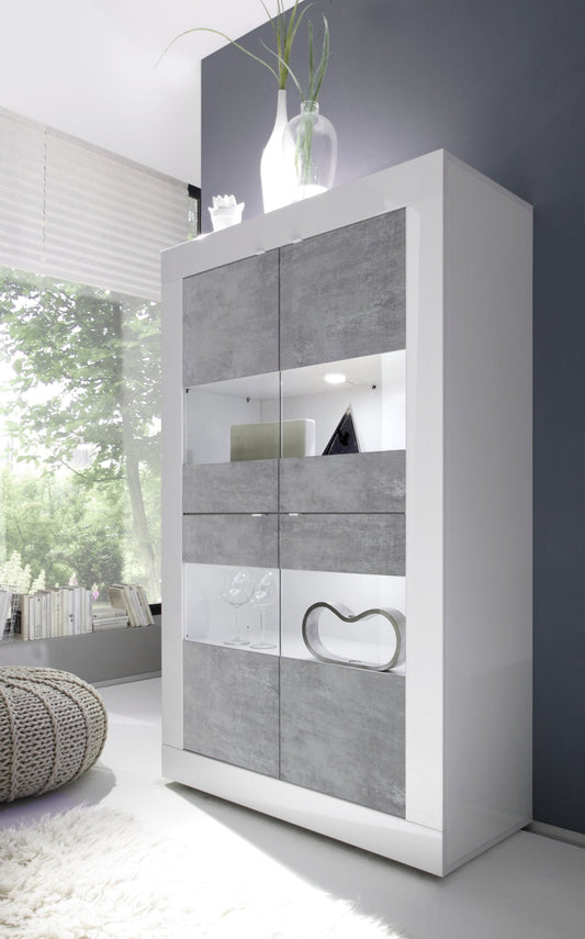 Urbino Display Cabinet, Four Glass Doors - Gloss White and Grey Finish