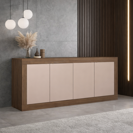 Modern sideboard with beige doors in a room with gray walls and a rug.