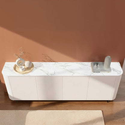 White marble-patterned sideboard against a pink wall