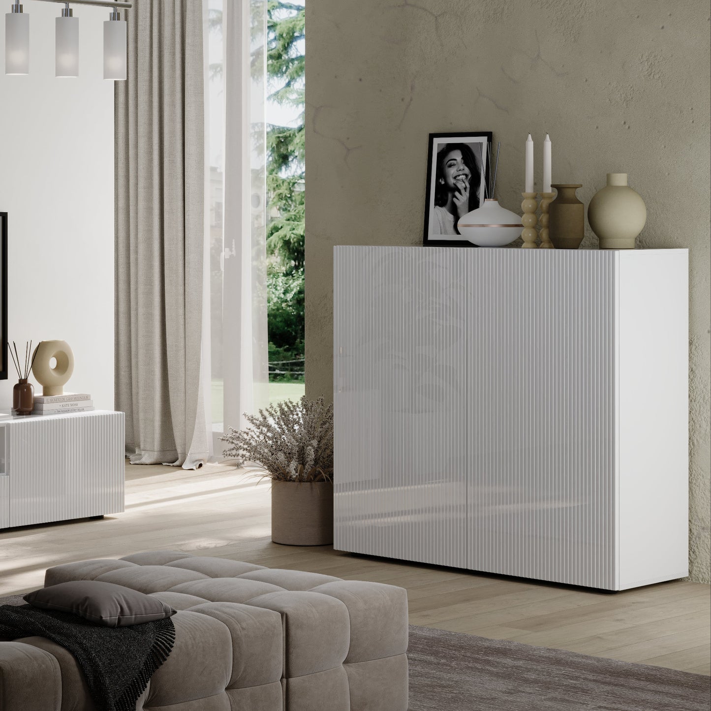 Raveena High Sideboard, Two Door - Gloss White Finish