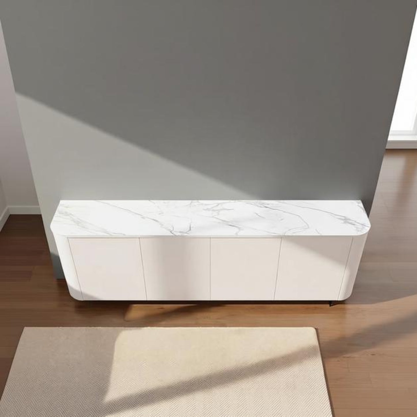 White Marble - Effect Glass Top & Cashmere Taupe Four-Door Sideboard - Ortega Collection