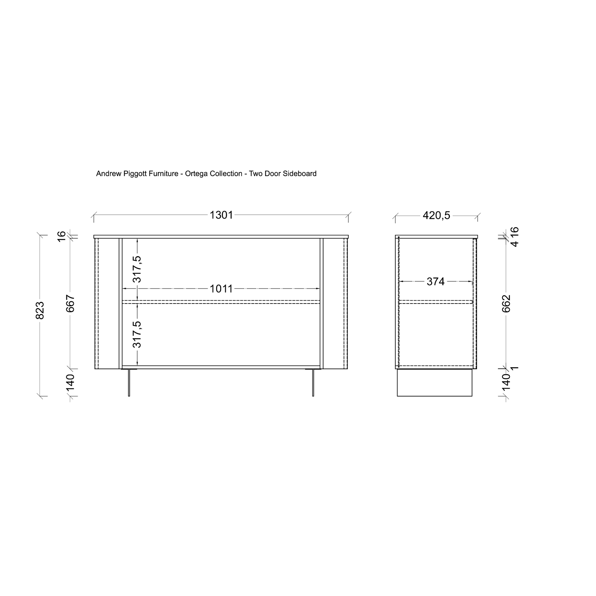 A black-and-white technical dimension drawing of a two-door sideboard cabinet, labeled as part of the Andrew Piggott Furniture - Omega Collection. The diagram shows front and side profile measurements with dimension lines and numeric values on a plain white background.
