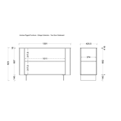 A black-and-white technical dimension drawing of a two-door sideboard cabinet, labeled as part of the Andrew Piggott Furniture - Omega Collection. The diagram shows front and side profile measurements with dimension lines and numeric values on a plain white background.