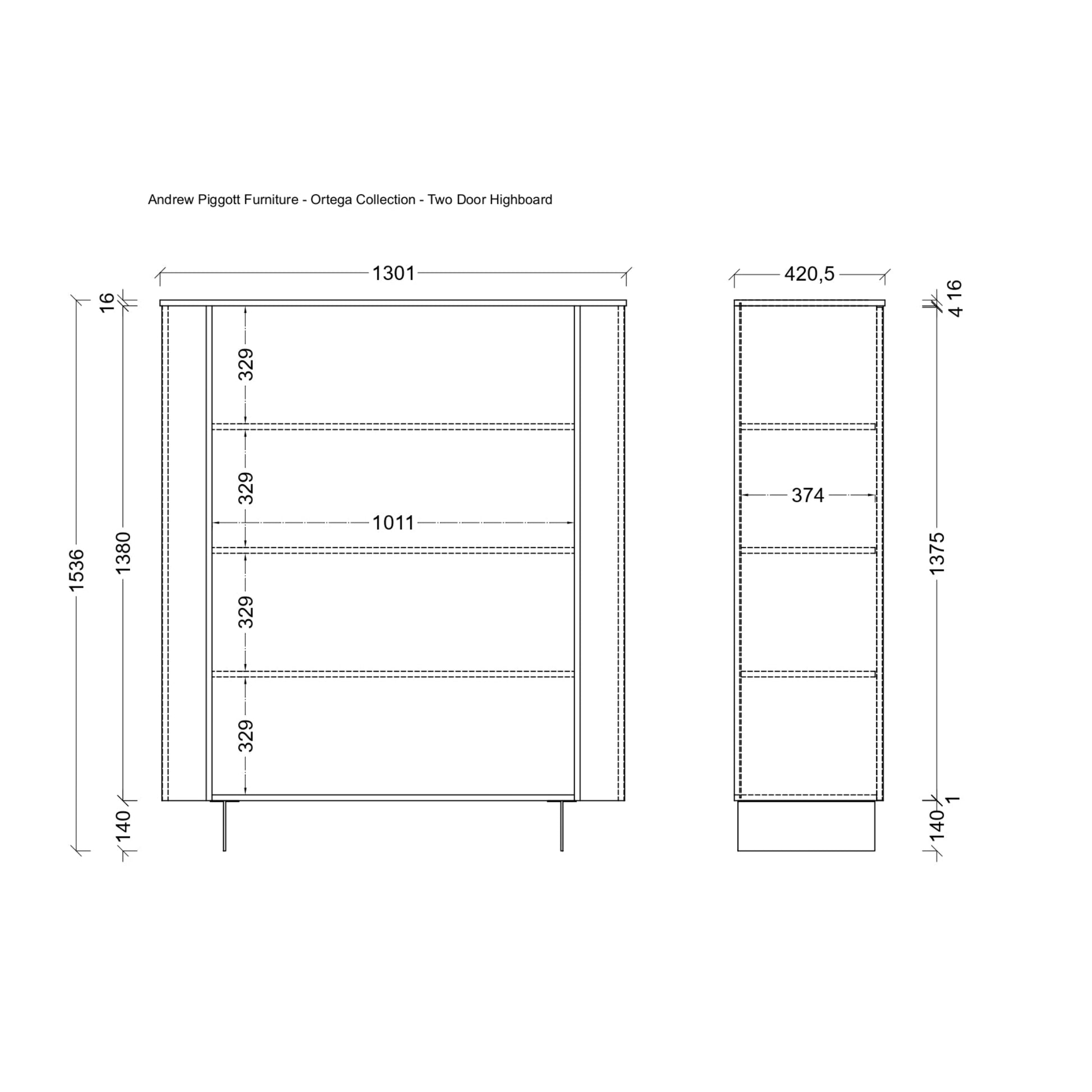 A black-and-white technical dimension drawing of an Andrew Piggott Furniture Omega Collection two-door highboard, showing front and side views with measurements in millimeters and inches.