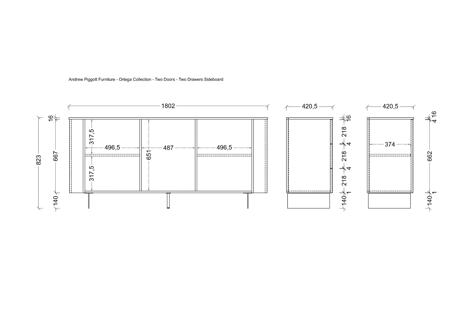 A technical dimension drawing of an Andrew Piggott Furniture Omega Collection two-drawer sideboard, showing front, side, and back profile measurements with line diagrams on a white background.