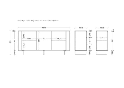 A technical dimension drawing of an Andrew Piggott Furniture Omega Collection two-drawer sideboard, showing front, side, and back profile measurements with line diagrams on a white background.