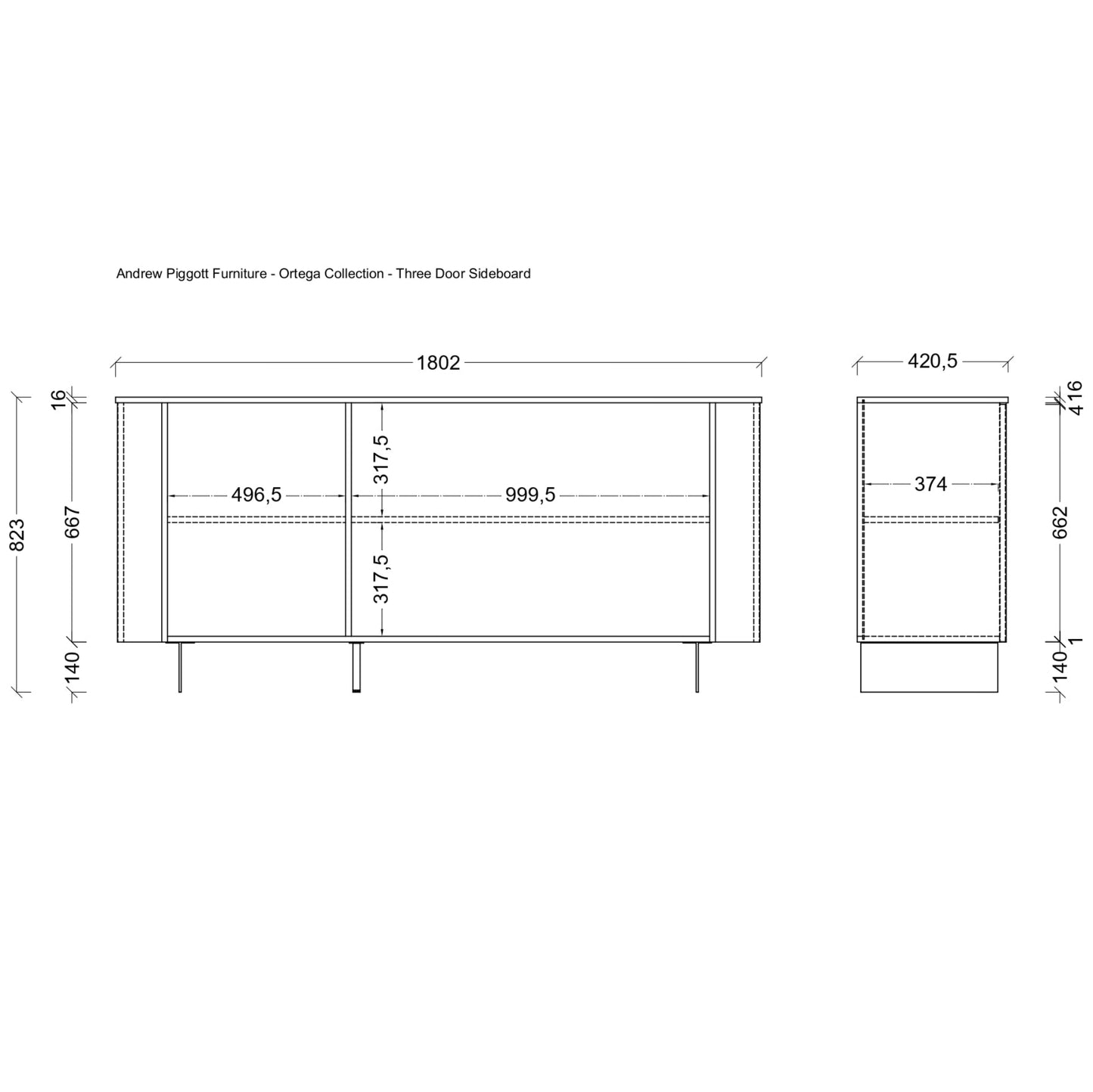 A black and white technical dimension drawing of an Andrea Piggott Furniture three door sideboard, showing front and side profile measurements.