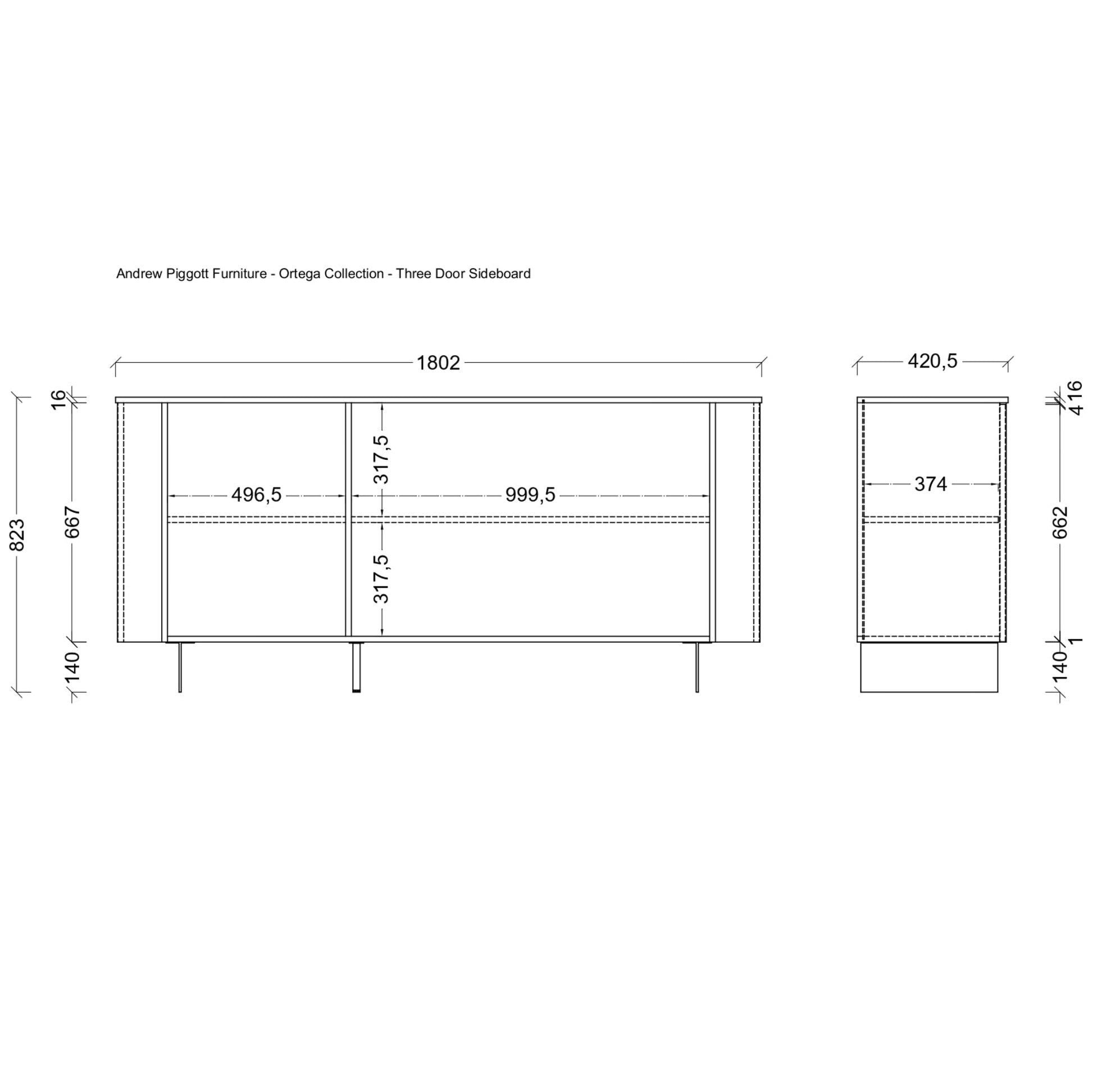 A black and white technical dimension drawing of an Andrea Piggott Furniture three door sideboard, showing front and side profile measurements.