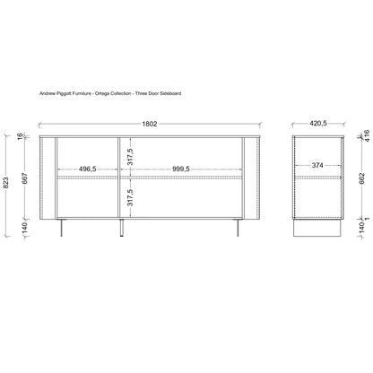A black and white technical dimension drawing of an Andrea Piggott Furniture three door sideboard, showing front and side profile measurements.