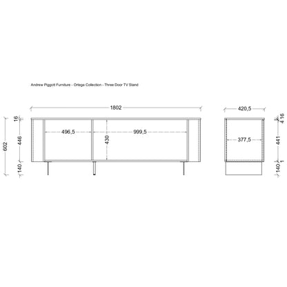 A black and white technical line drawing showing dimensions of an Anderson Plagnt Furniture three door TV stand, including front and side profile measurements.