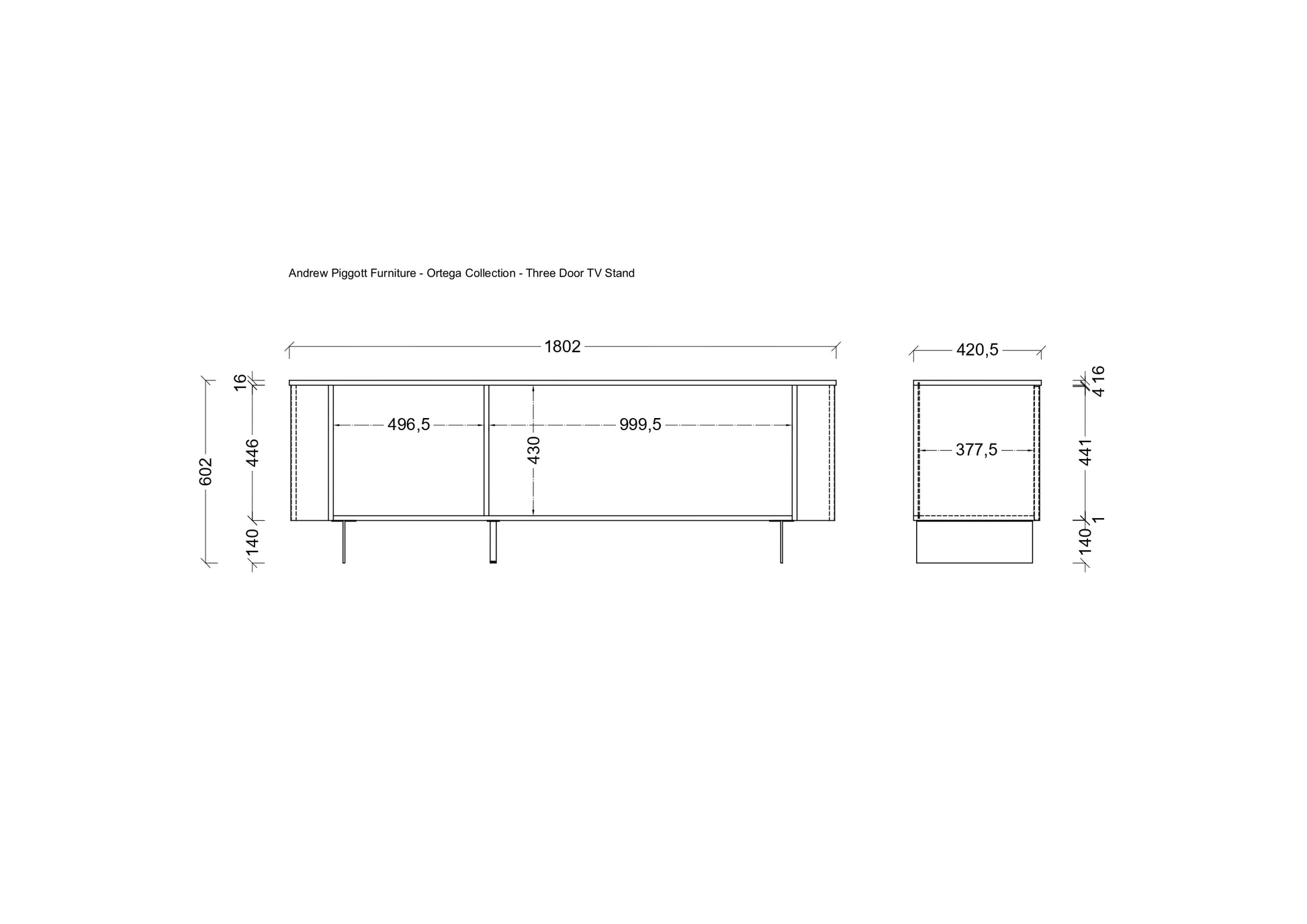 A black and white technical line drawing showing dimensions of an Anderson Plagnt Furniture three door TV stand, including front and side profile measurements.