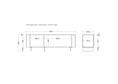 A black and white technical line drawing showing dimensions of an Anderson Plagnt Furniture three door TV stand, including front and side profile measurements.