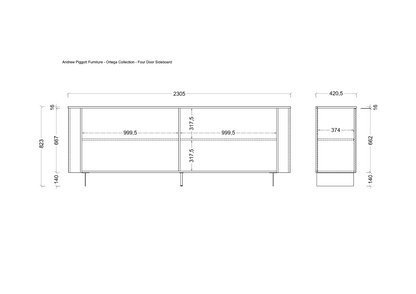 Technical dimension drawing of an Andrea Piguet Furniture - Omega Collection - Four Door Sideboard, showing front and side profile measurements with line indicators on a white background.