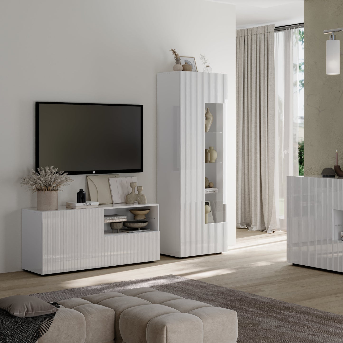 Raveena TV Stand, One Door, One Drawer - Gloss White Finish