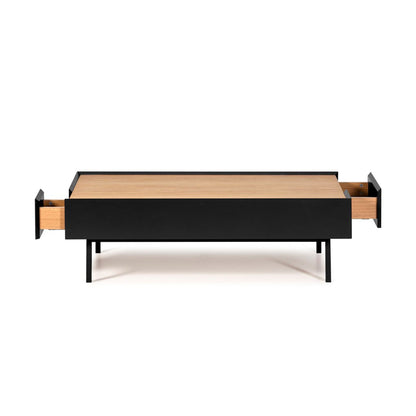 Arista Coffee Table, Rectangular, Two Drawer - Matt Black and Light Oak Finish