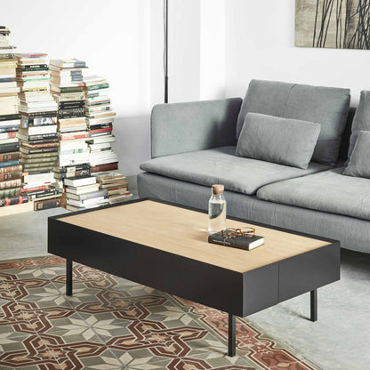 Arista Coffee Table, Rectangular, Two Drawer - Matt Black and Light Oak Finish