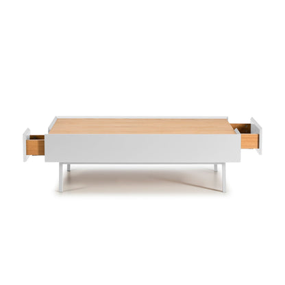 Arista Coffee Table, Rectangular, Two Drawer - Matt White and Light Oak Finish