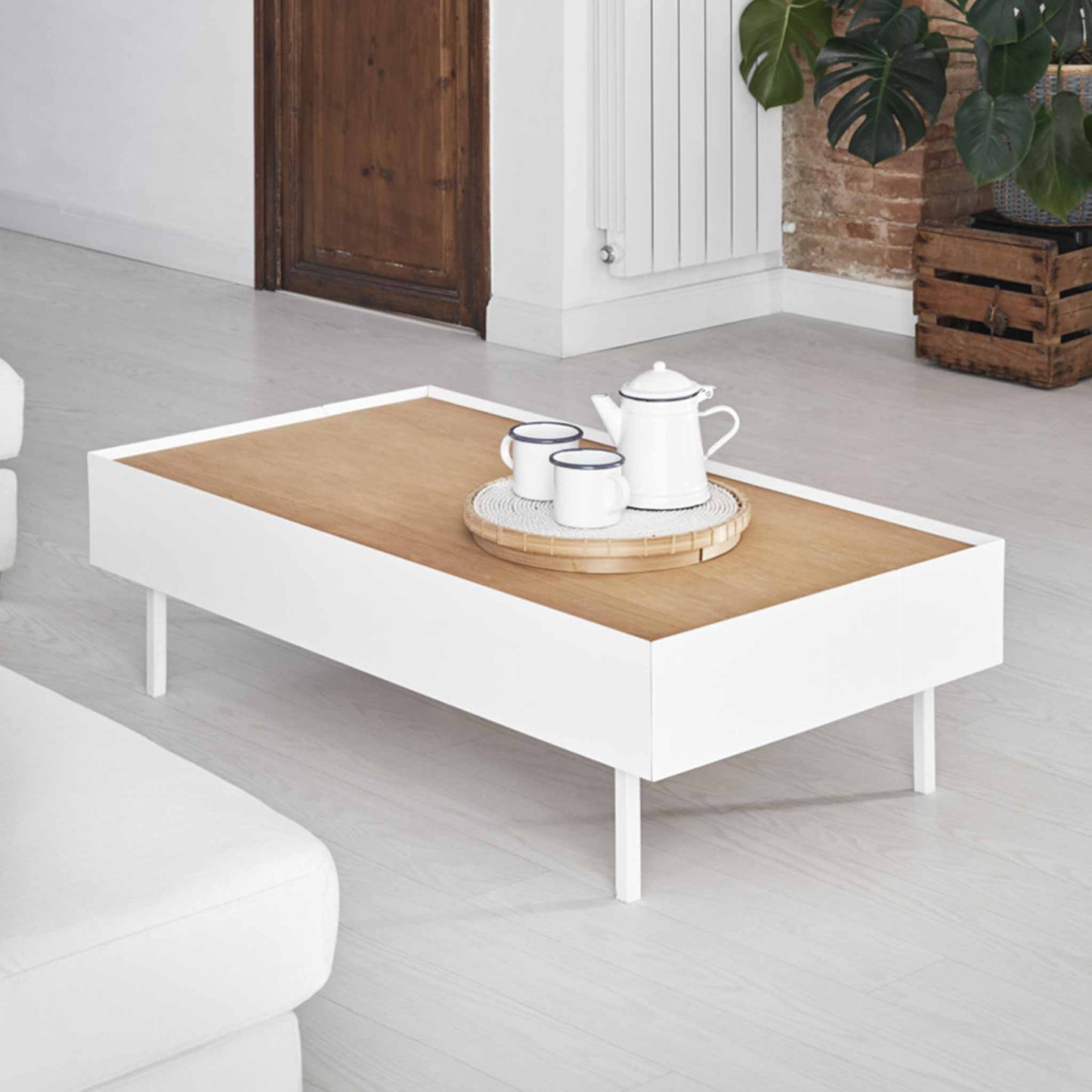 Arista Coffee Table, Rectangular, Two Drawer - Matt White and Light Oak Finish
