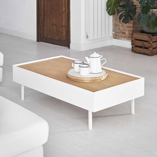 Arista Coffee Table, Rectangular, Two Drawer - Matt White and Light Oak Finish