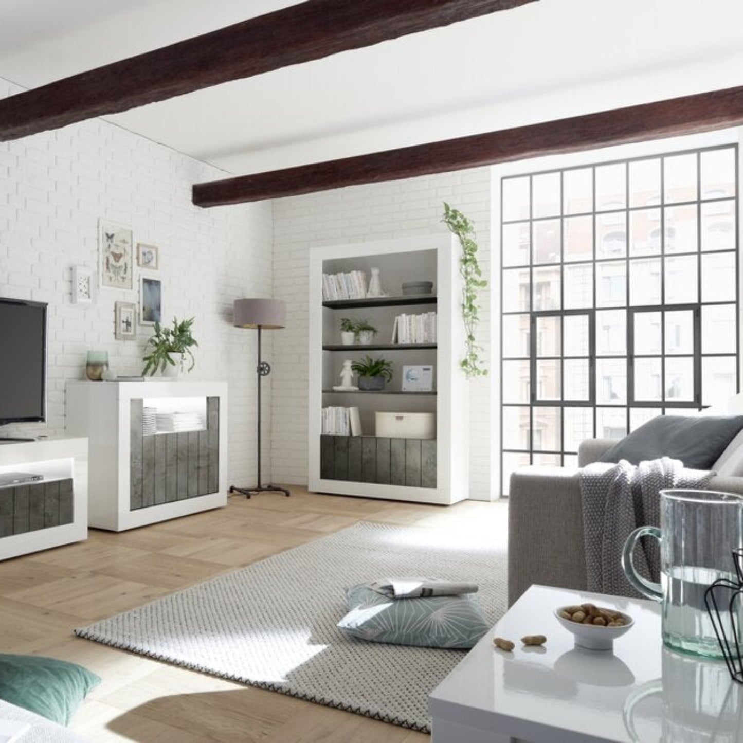 Como Bookcase, Two Doors - White Gloss and Anthracite Finish