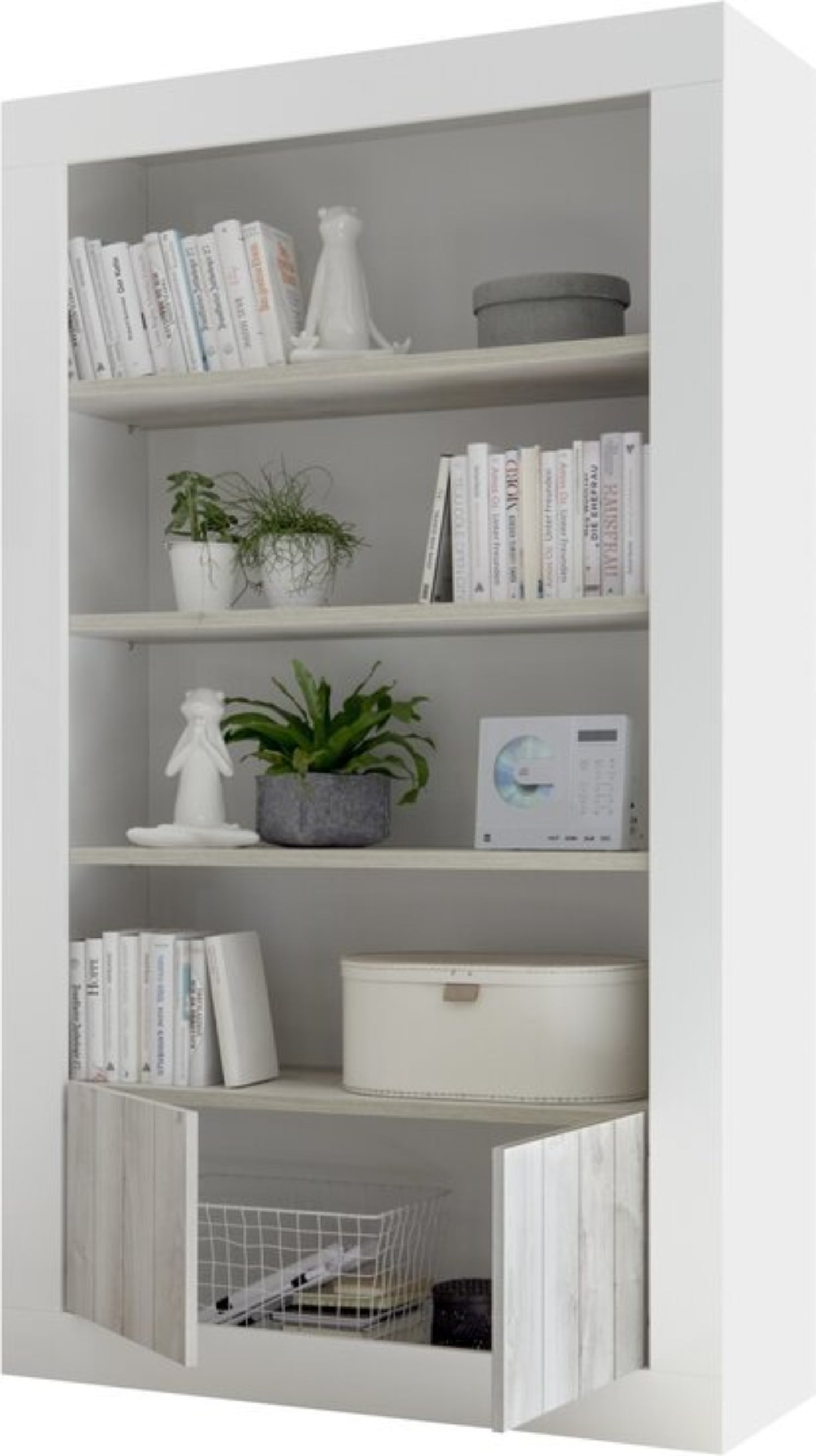 White bookshelf with books, plants, and decorative items on a white background