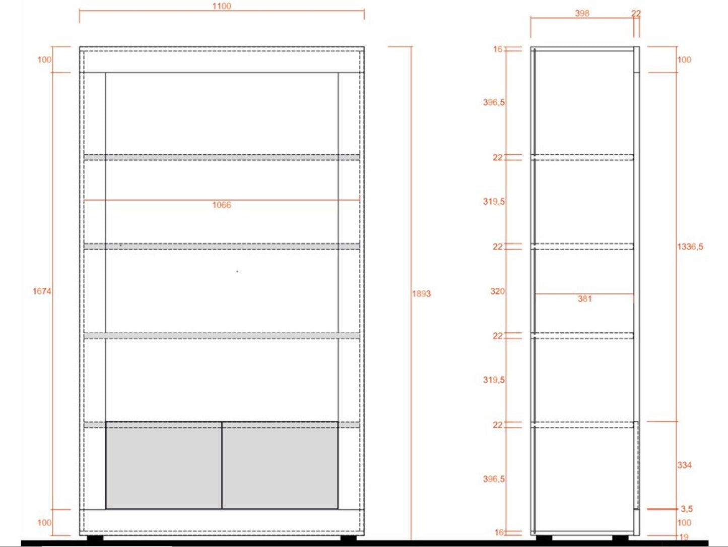 Technical drawing of a metal shelving unit with dimensions