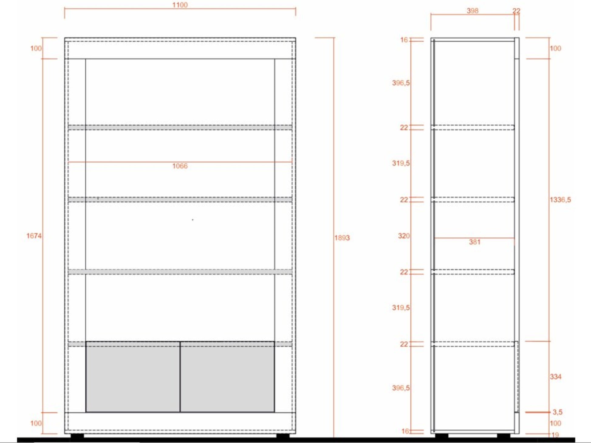 Technical drawing of a metal shelving unit with dimensions