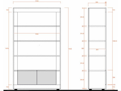 Technical drawing of a metal shelving unit with dimensions