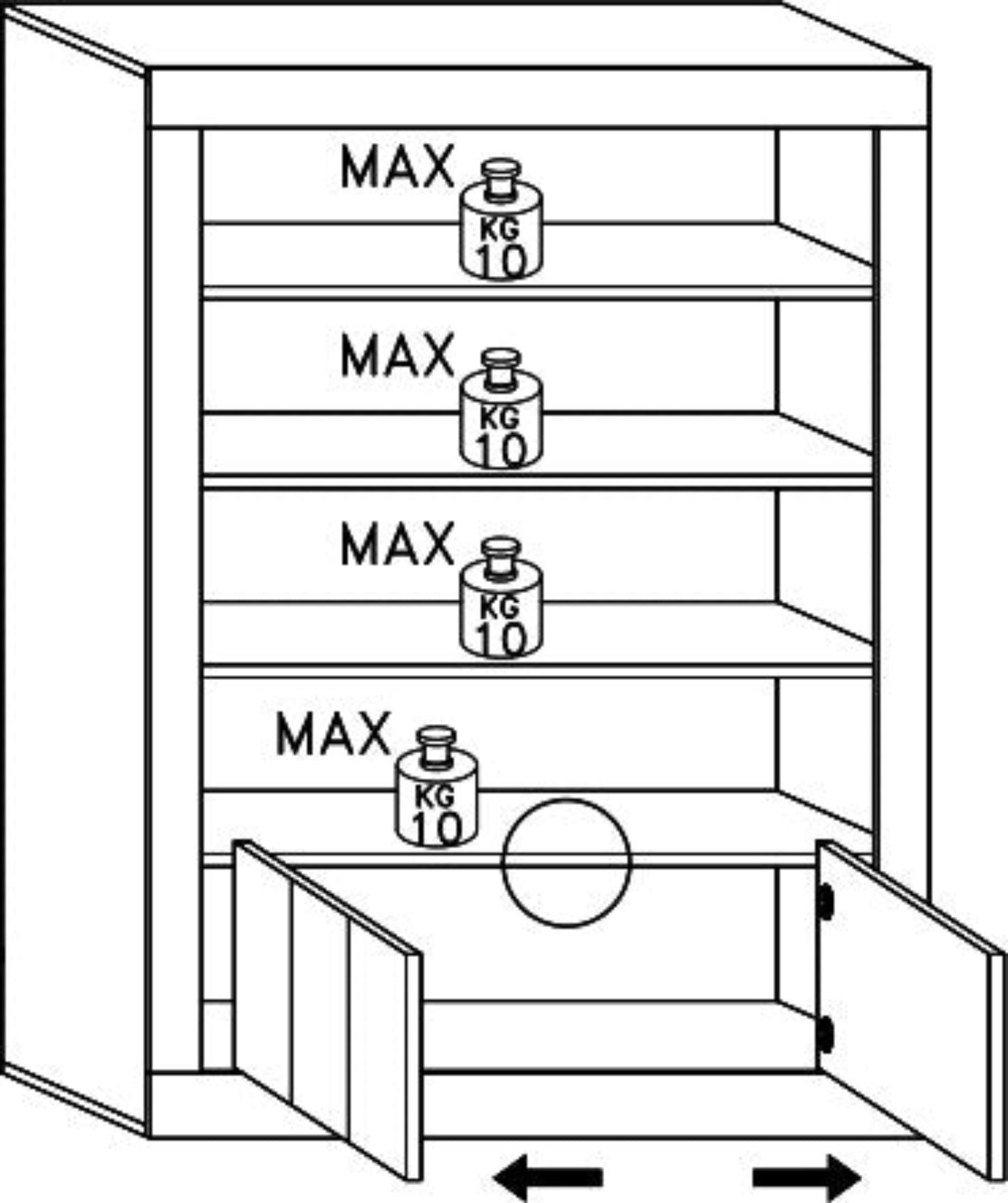 Diagram of a bookcase with shelves labeled 'MAX KG 10' and an open door.