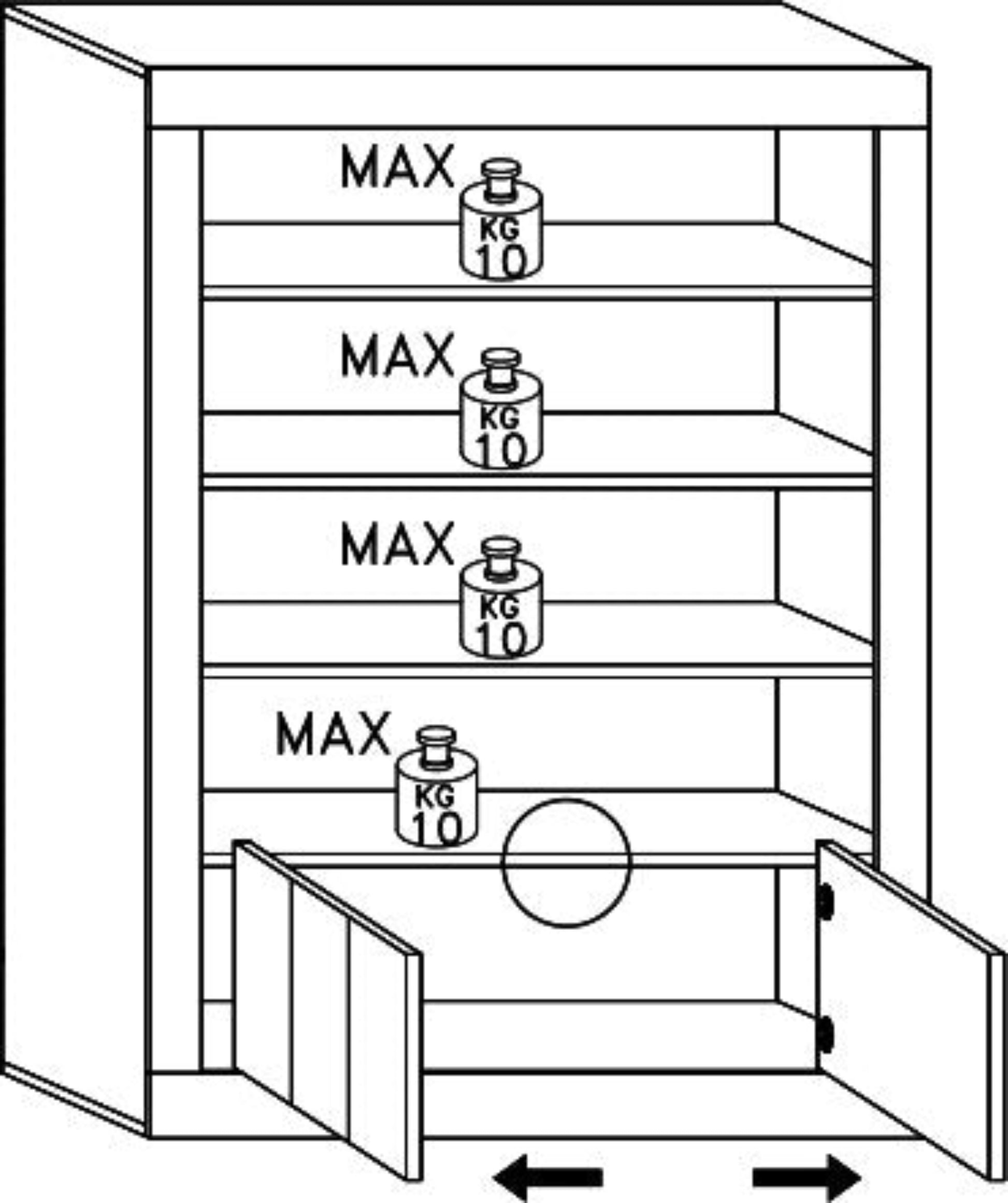Diagram of a bookcase with shelves labeled 'MAX KG 10' and an open door.