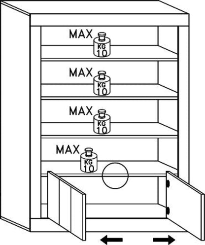 Diagram of a bookcase with shelves labeled 'MAX KG 10' and an open door.