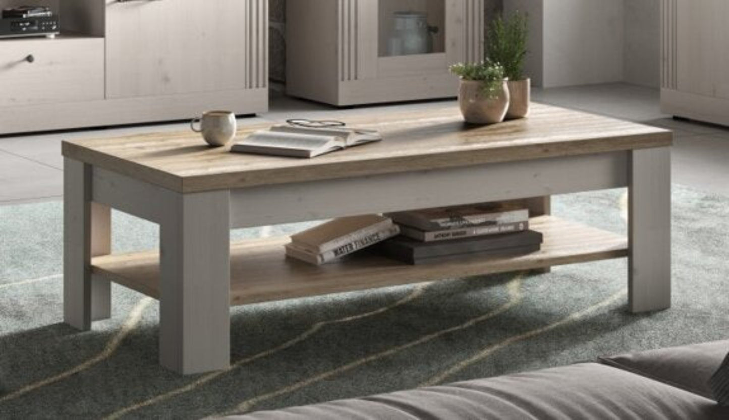Capri Rectangular Coffee Table with Shelf - Ivory & Natural Oak Finish