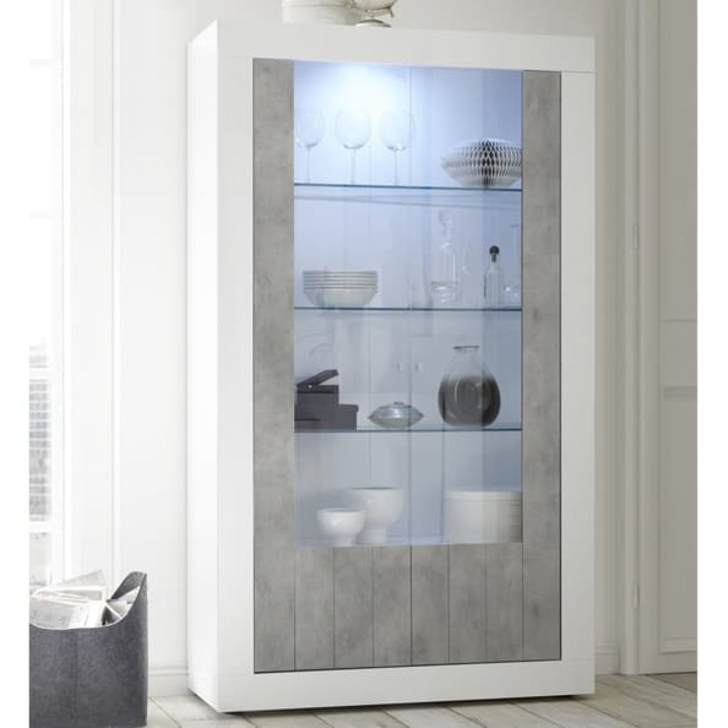 Como Display Cabinet, Two Glass Doors, Optional LED Spotlight  -  White Gloss and Grey Finish