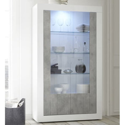 Como Display Cabinet, Two Glass Doors, Optional LED Spotlight  -  White Gloss and Grey Finish