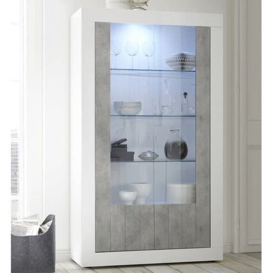 Como Display Cabinet, Two Glass Doors, Optional LED Spotlight  -  White Gloss and Grey Finish